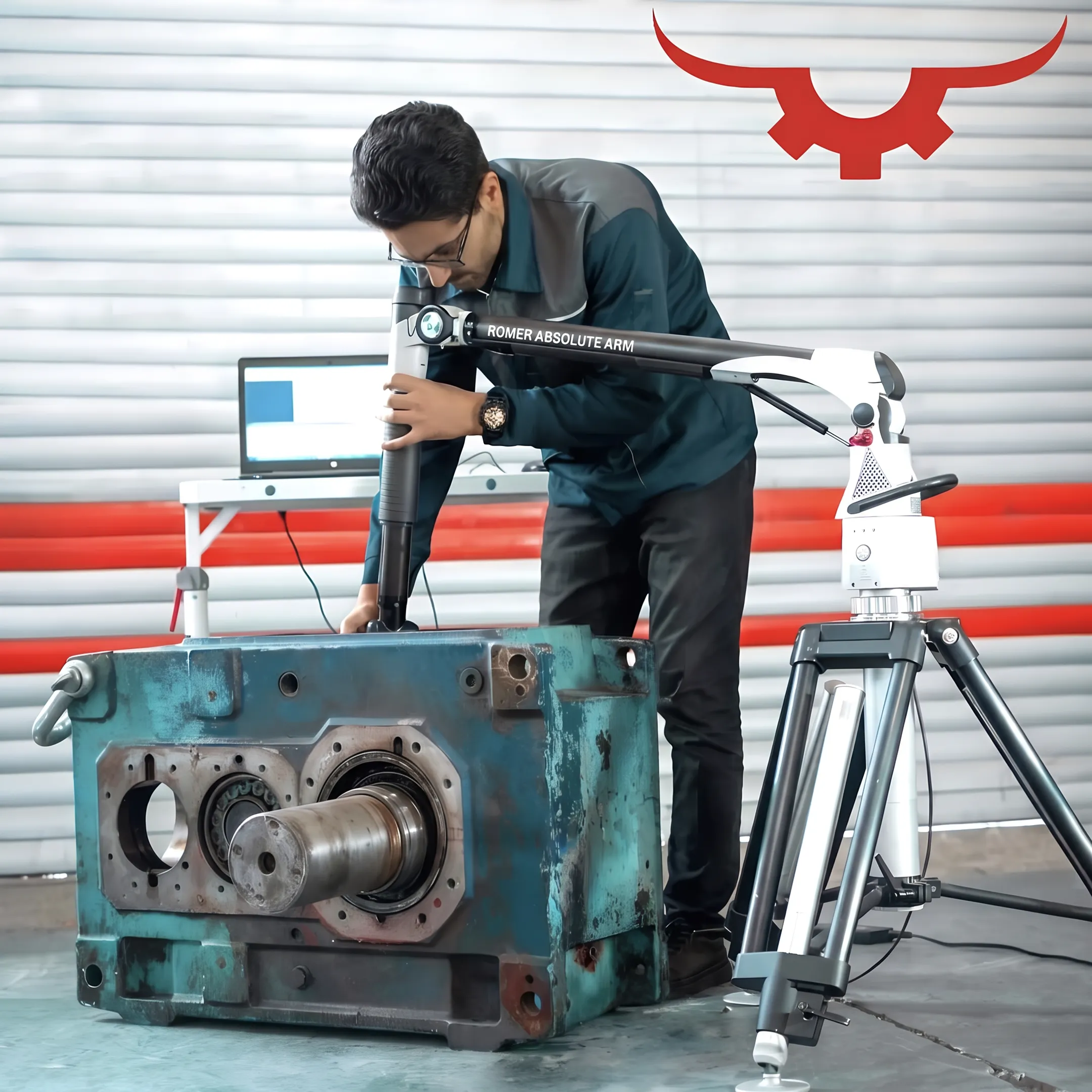 Repaired industrial gearbox being tested by technicians