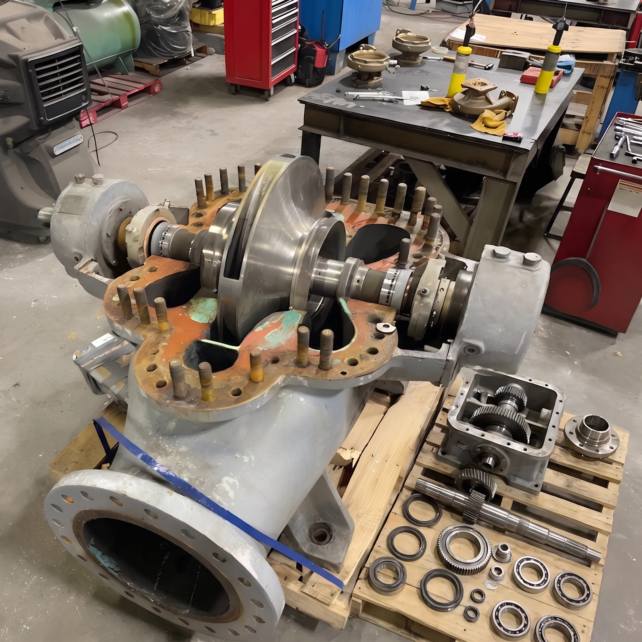 Industrial pump and gearbox components prepared for repair