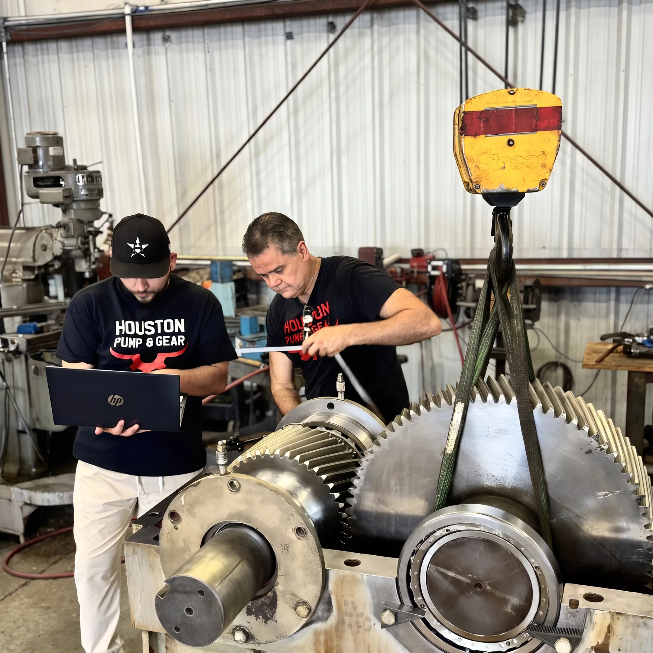 Machinist restoring a large industrial shaft