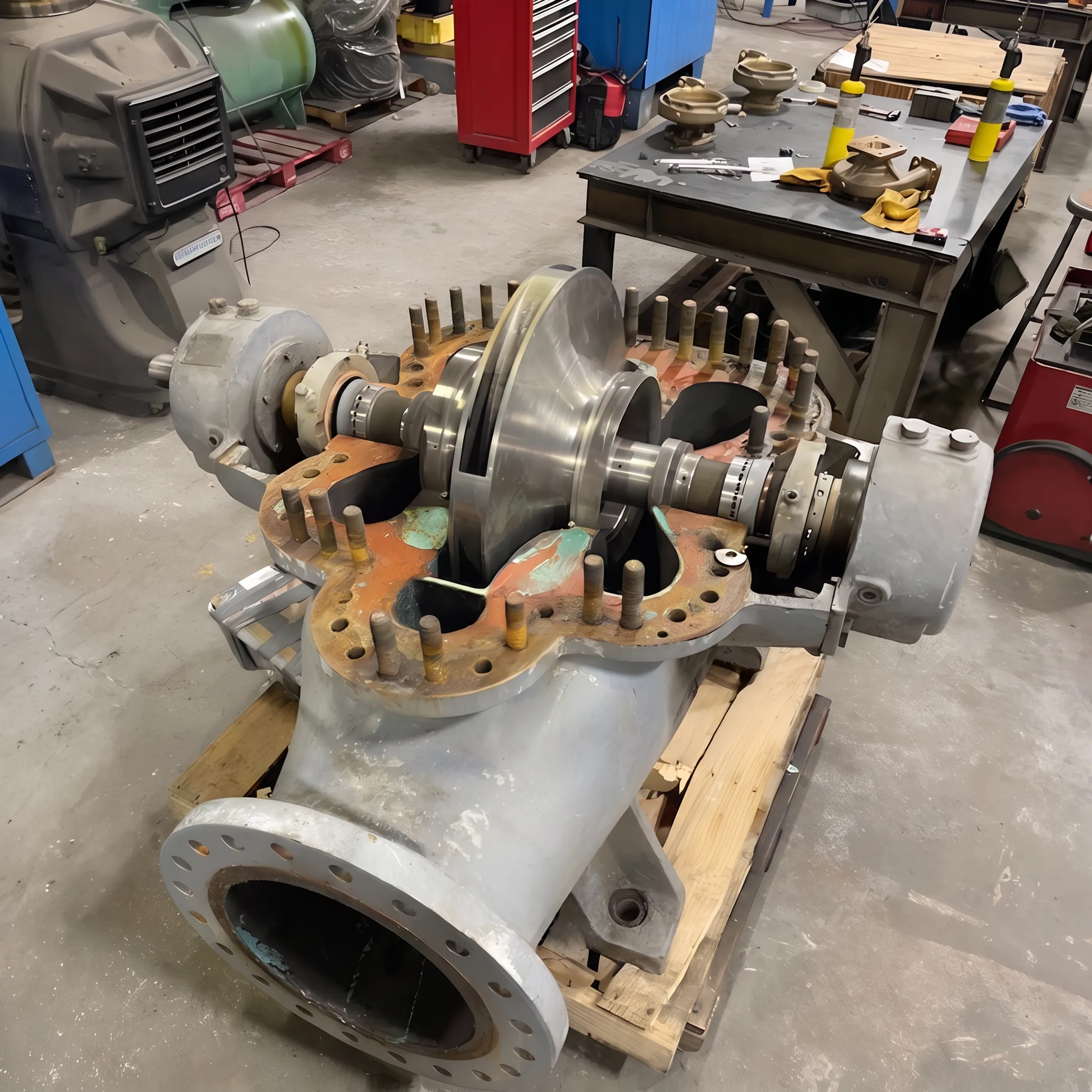 Technician inspecting industrial gearbox components during an overhaul