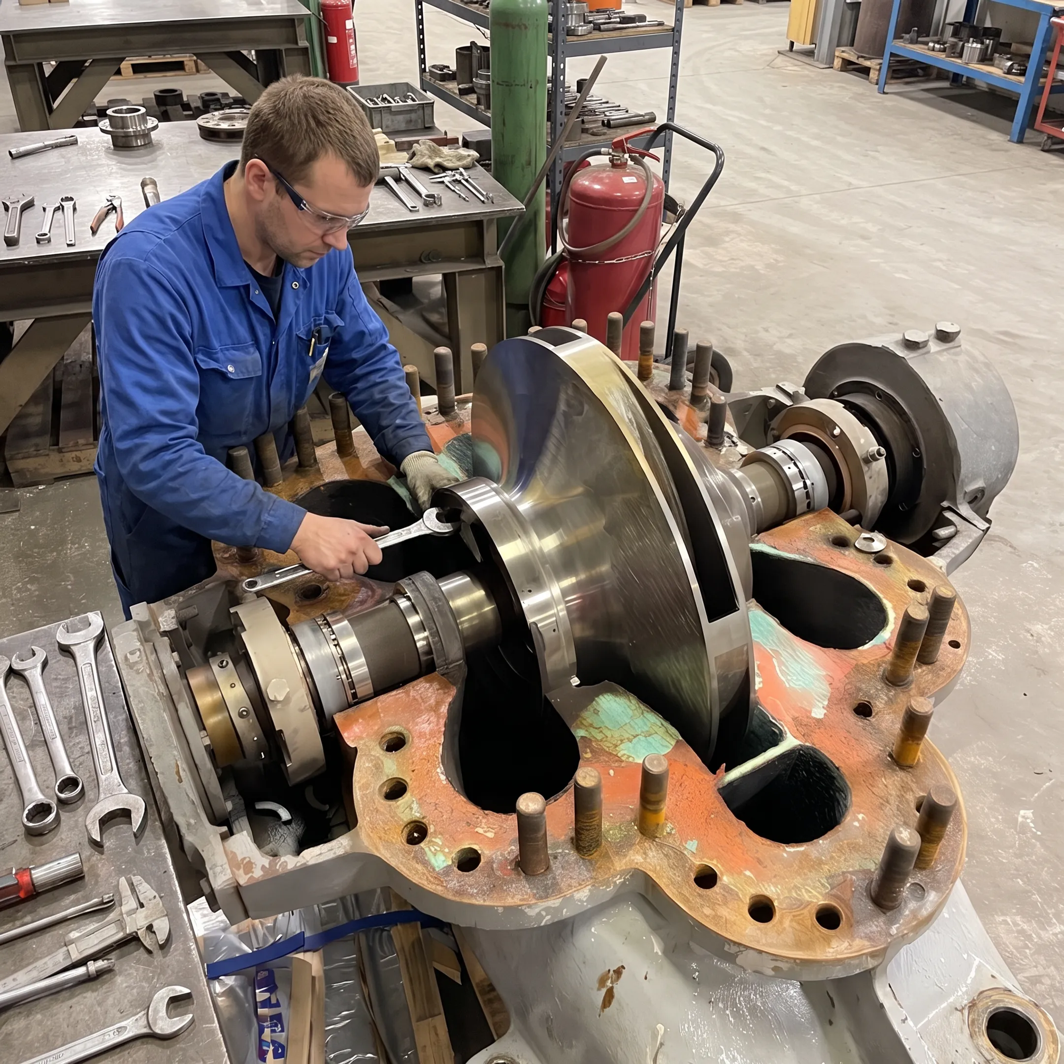 Industrial technician repairing a hydraulic pump