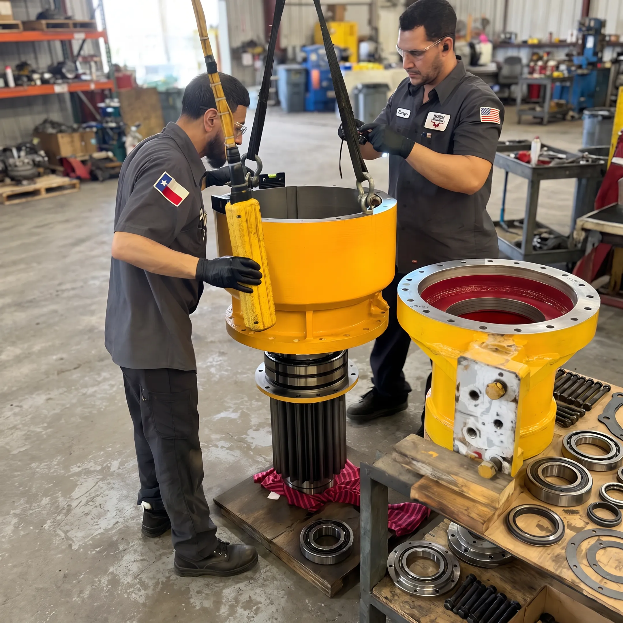 Industrial pump components prepared for repair and reassembly