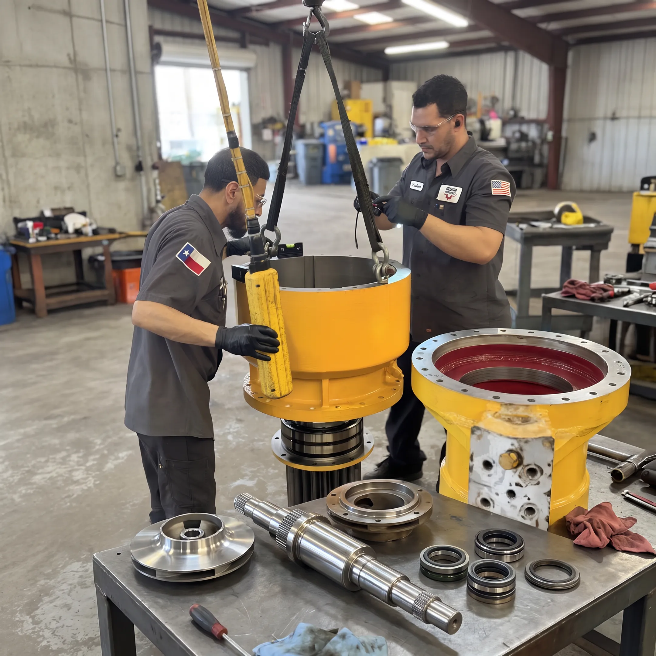 Industrial pump components being restored in a repair shop