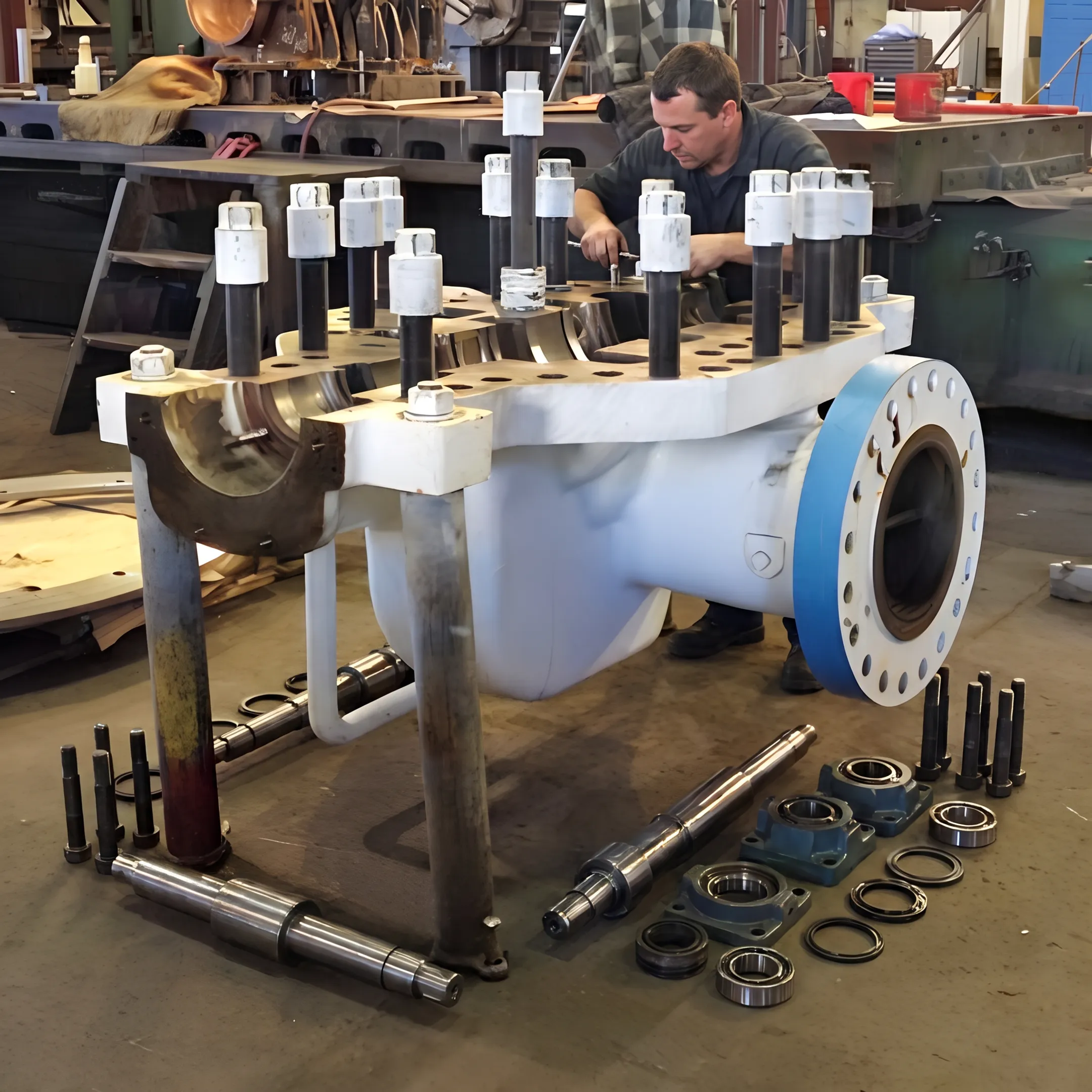 Hydraulic press pump repair in progress