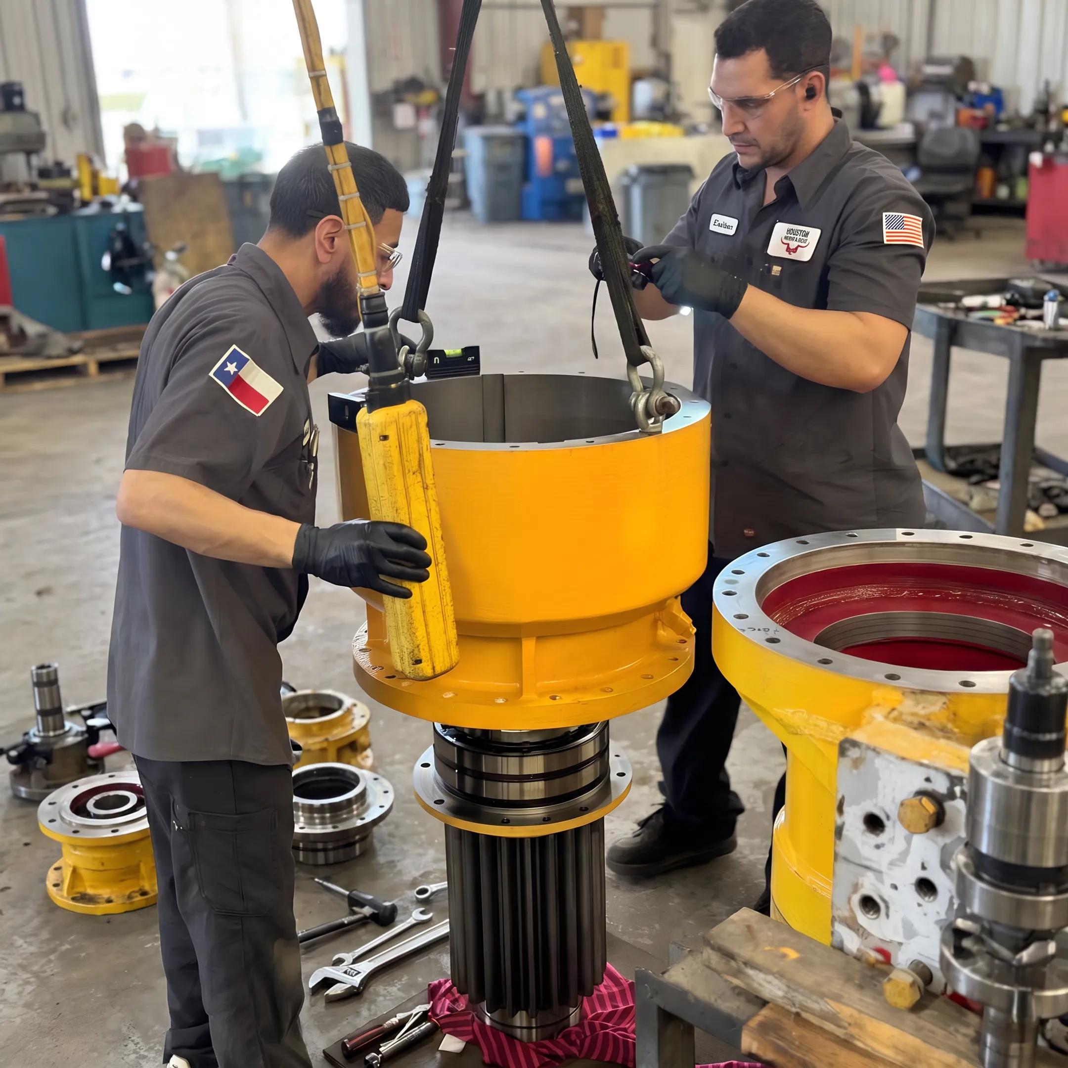 Industrial pump undergoing repair and component inspection