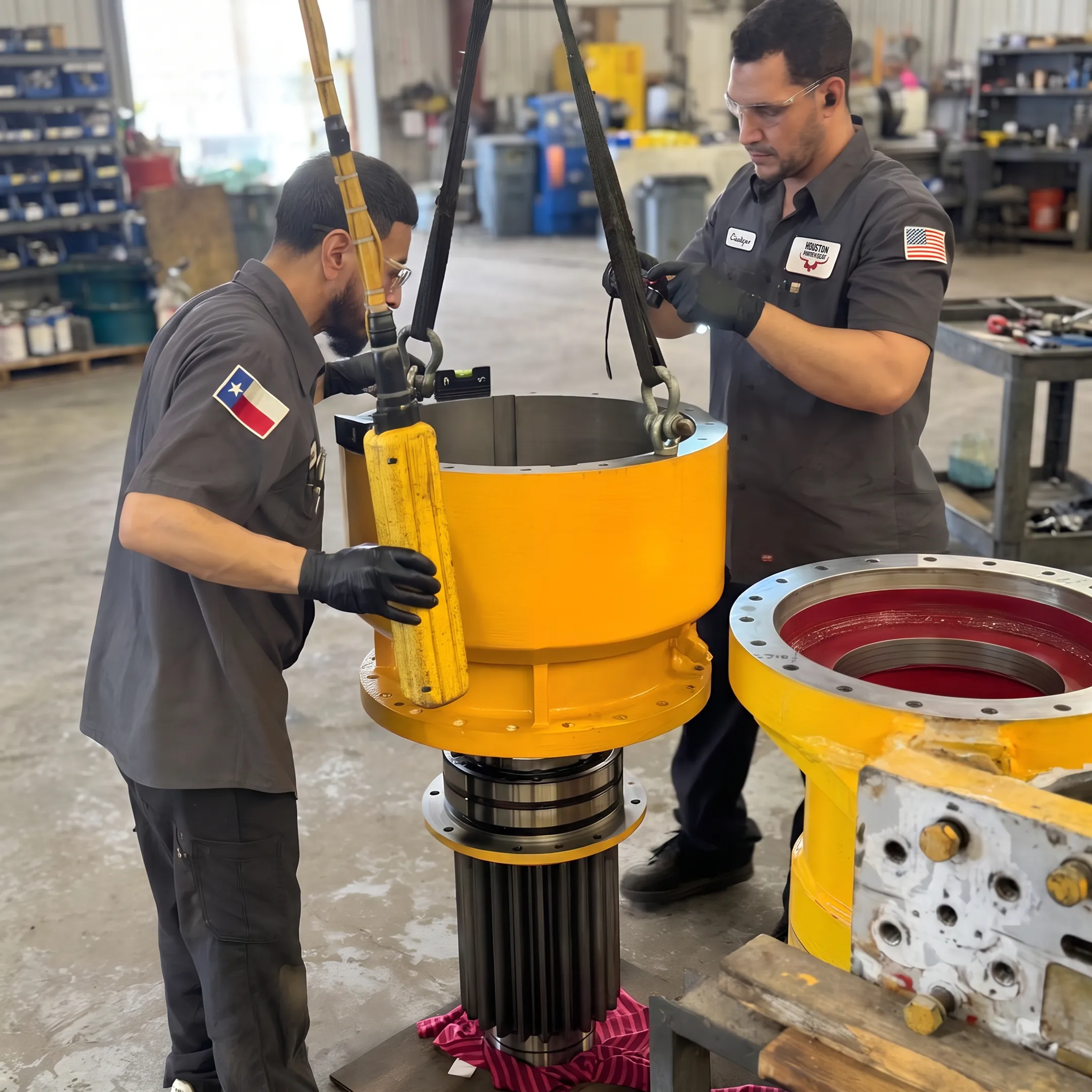 Industrial pump undergoing professional overhaul and component inspection