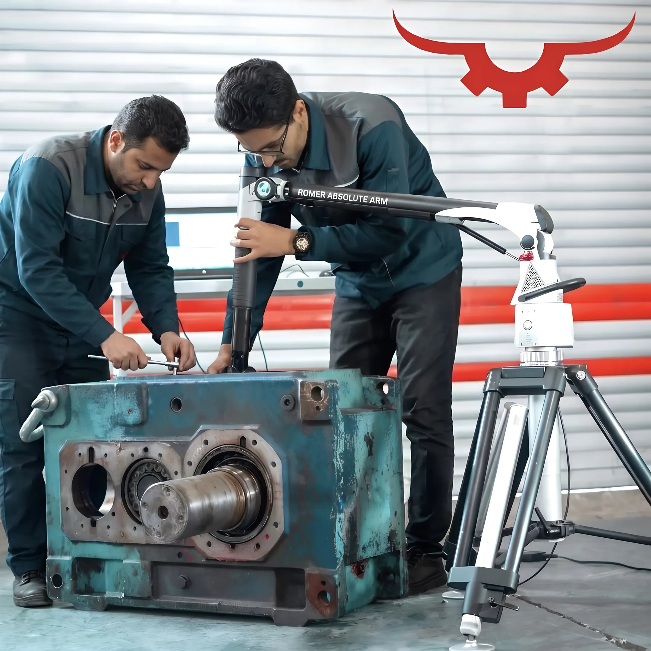 Industrial gearbox being repaired by technicians