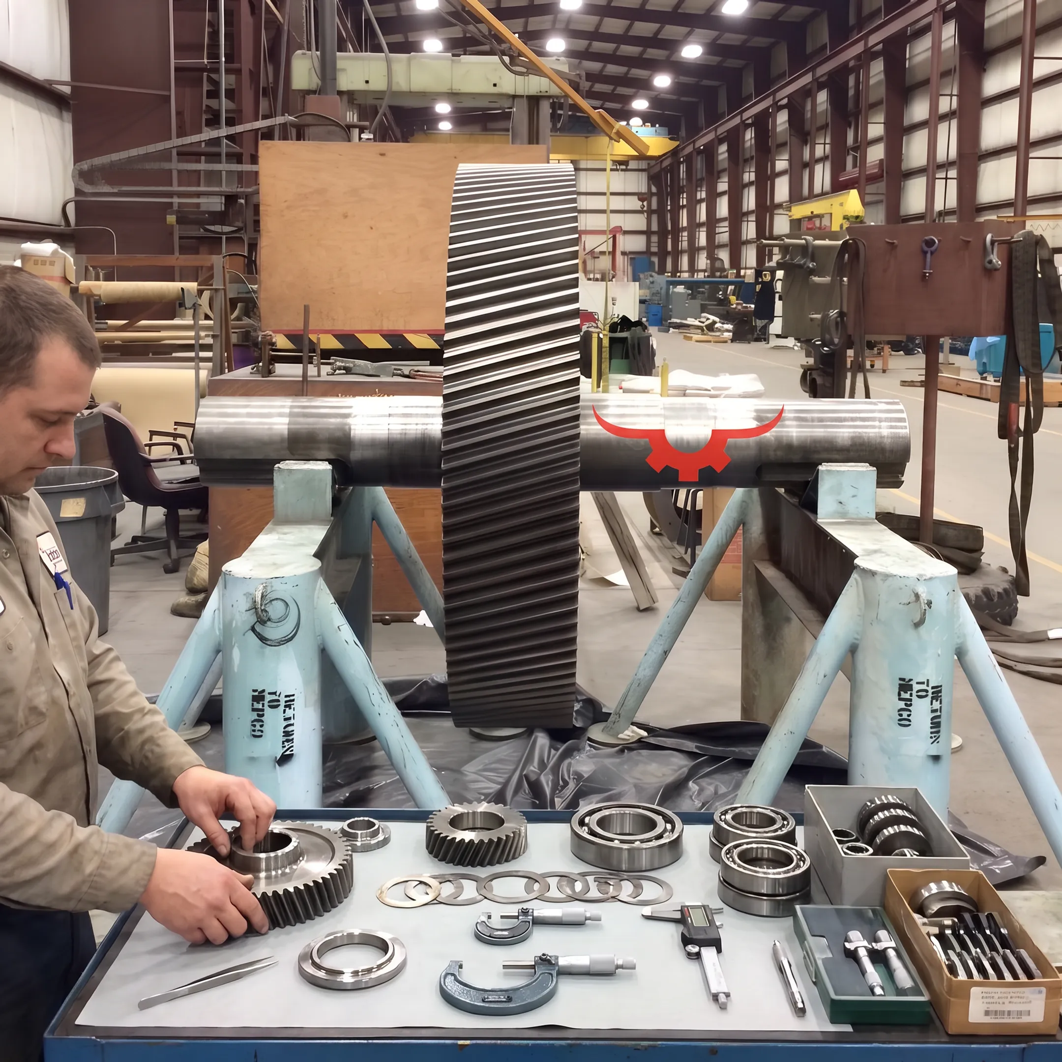 Technician rebuilding a Marley cooling tower gearbox
