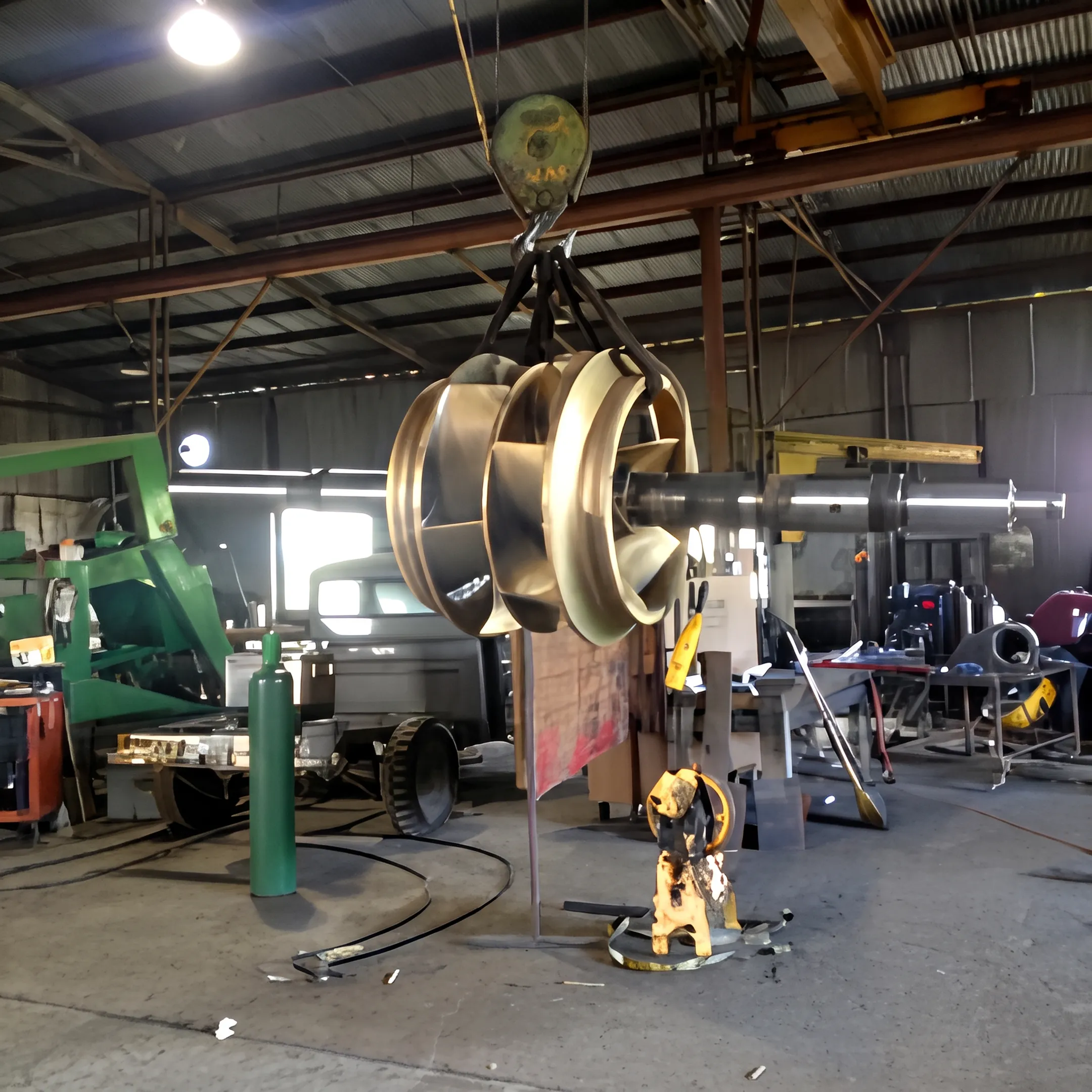 Industrial hydraulic pump components being repaired by a technician