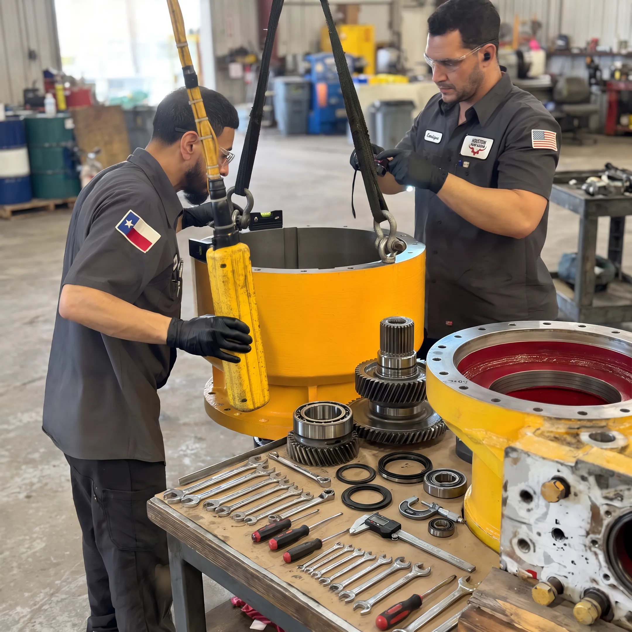 Industrial technician repairing a pump and reducer assembly