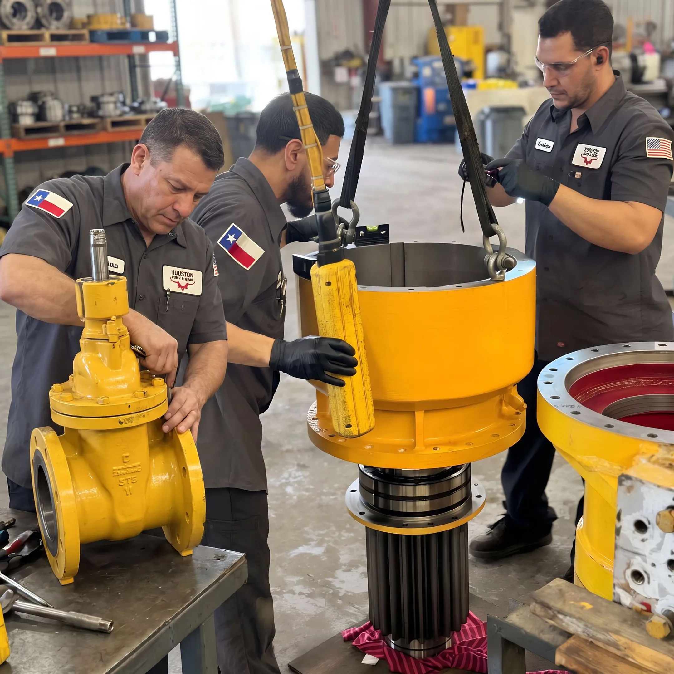 Industrial technician repairing a large valve assembly