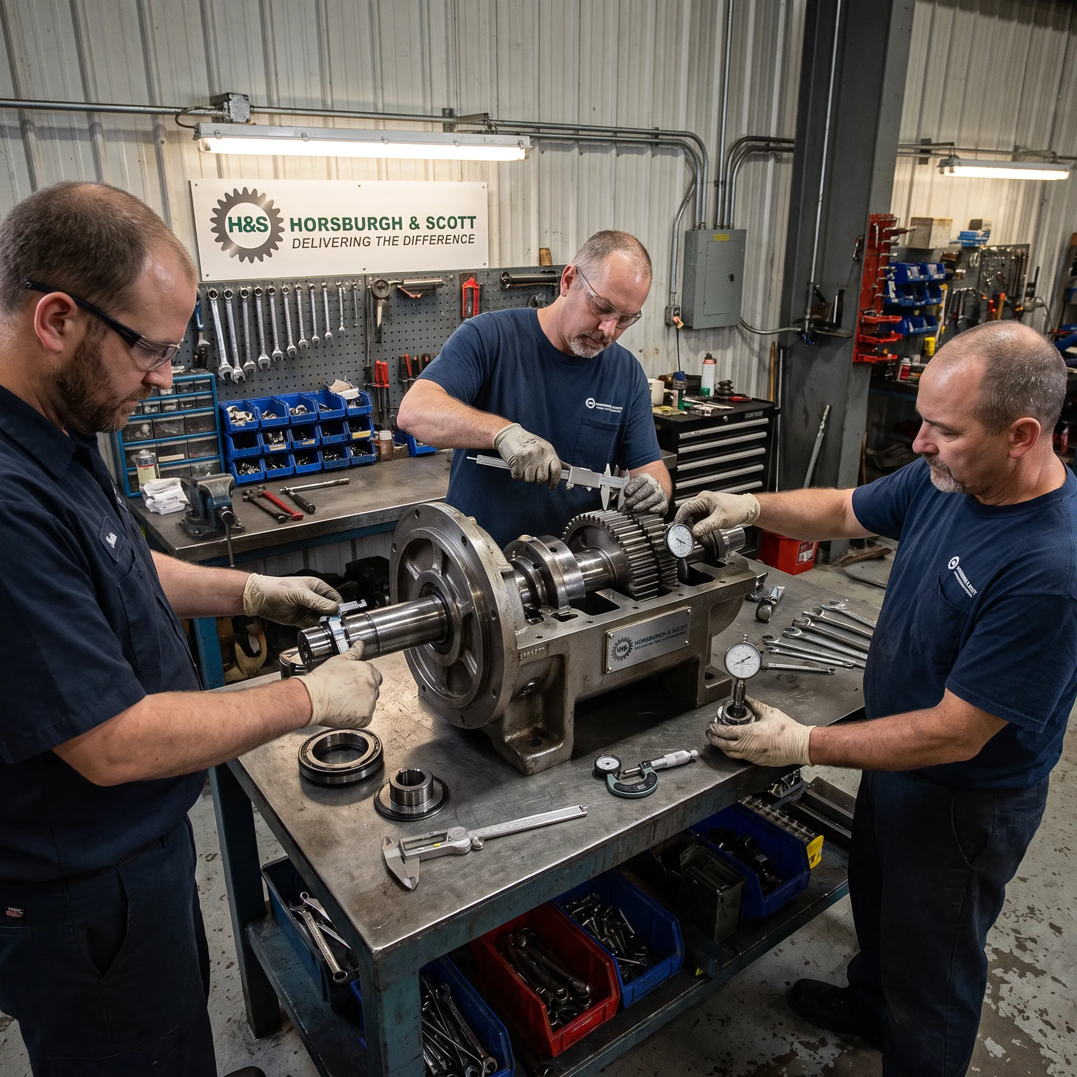 Industrial pump undergoing overhaul in a machine shop