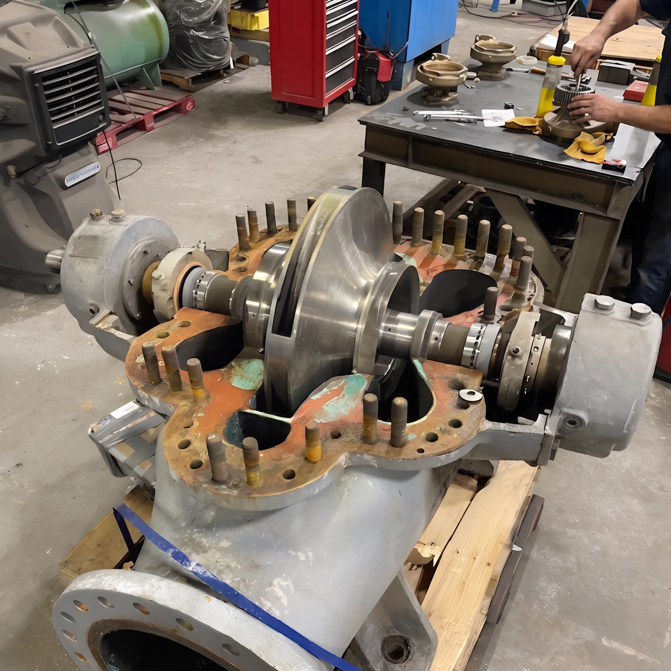 Industrial gearbox components being restored