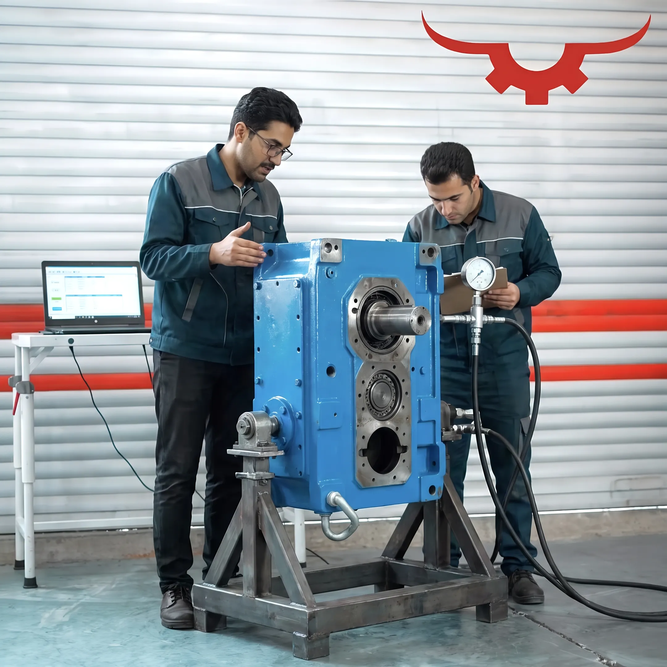 Reconditioned industrial gearbox ready for testing