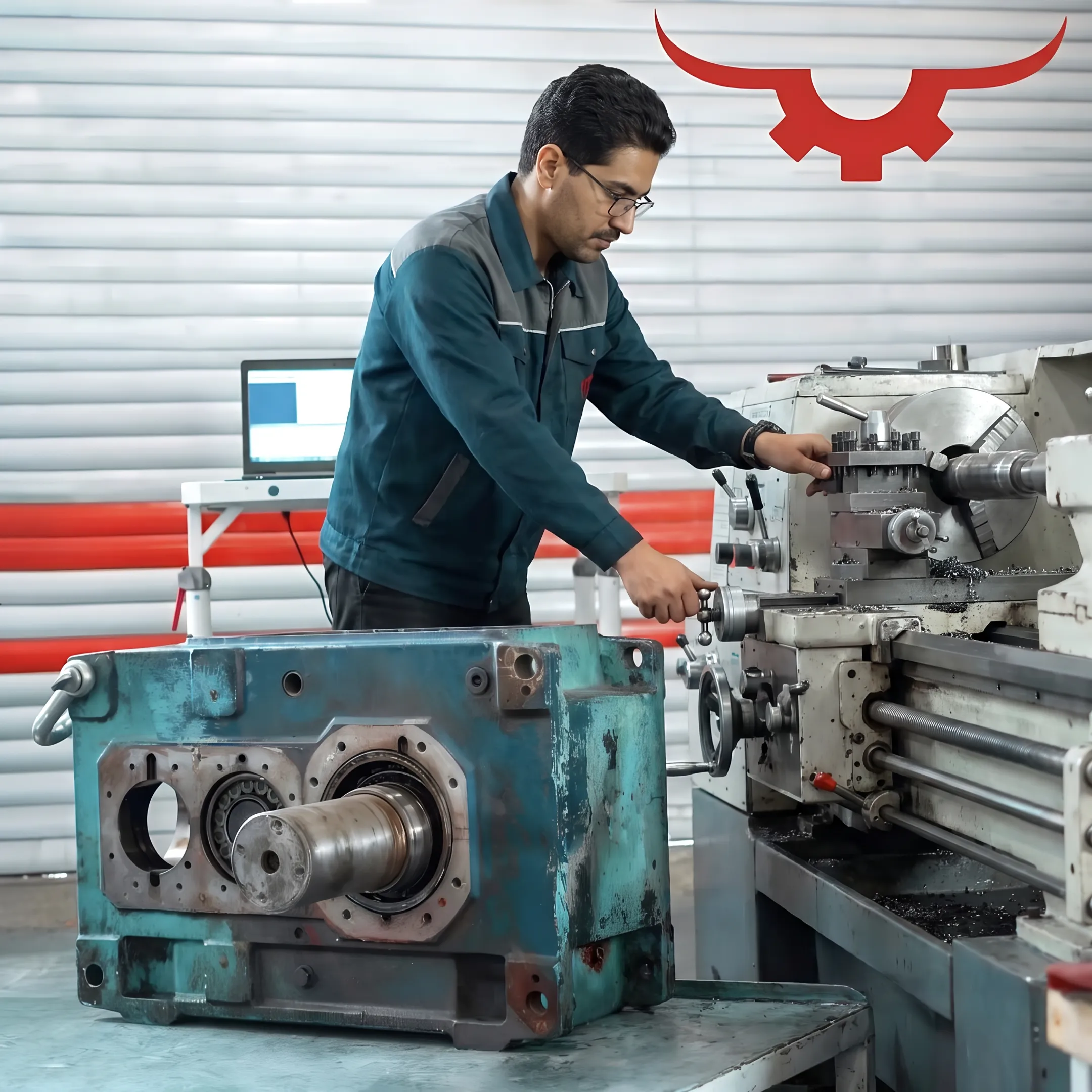 Machinist restoring an industrial gearbox shaft