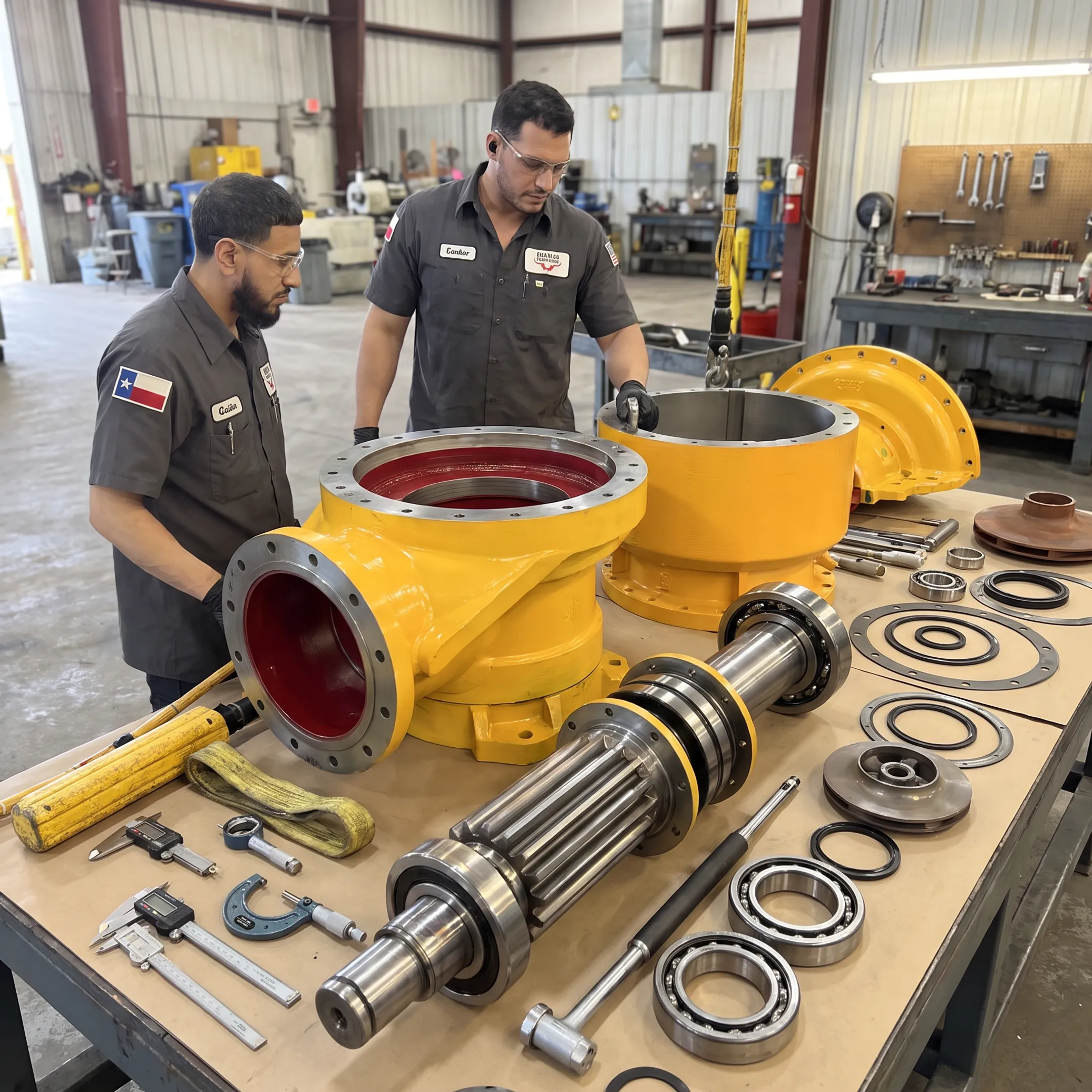 Industrial pump undergoing repair in a machine shop