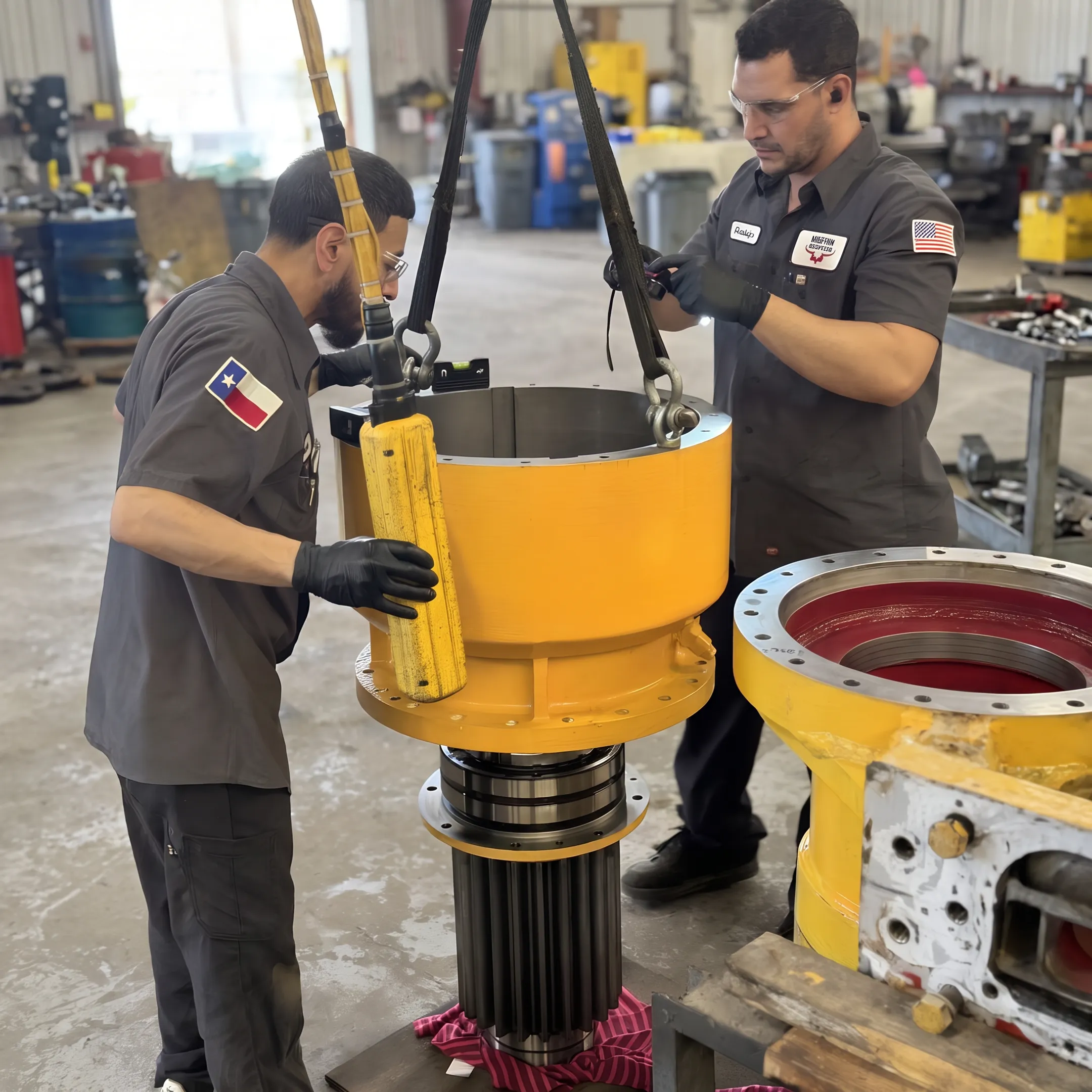 Repaired industrial pump housing in a workshop