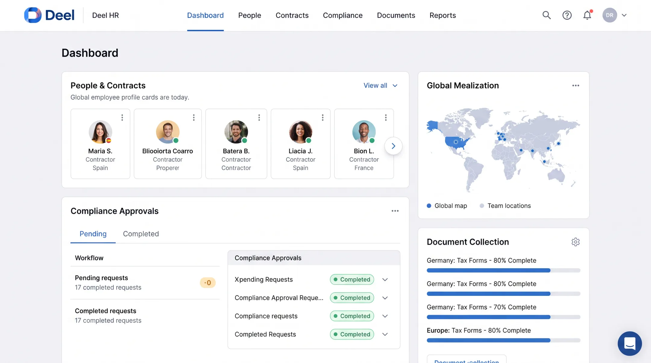 Deel HR platform dashboard showing global compliance workflow interface