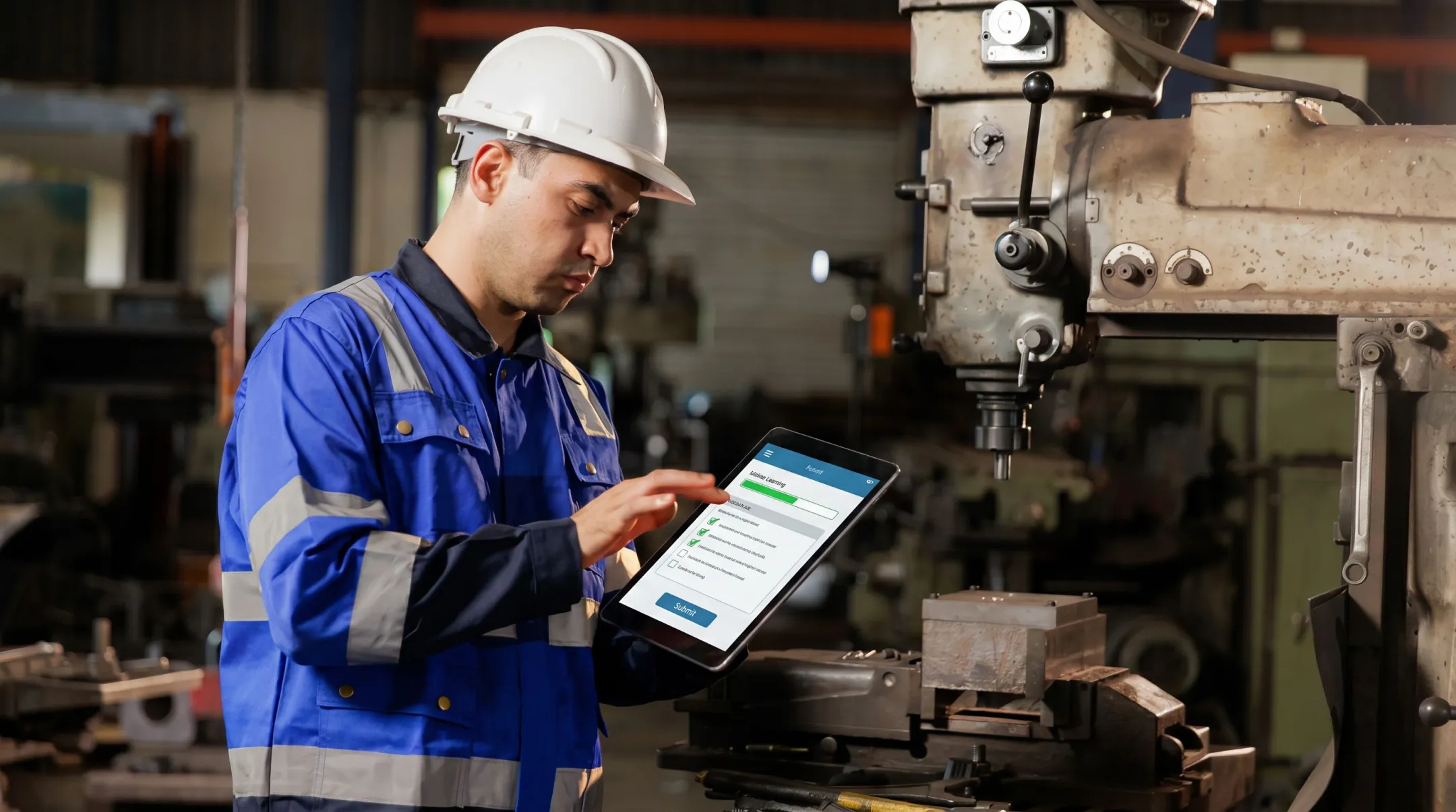 Manufacturing worker using tablet for compliance training on factory floor