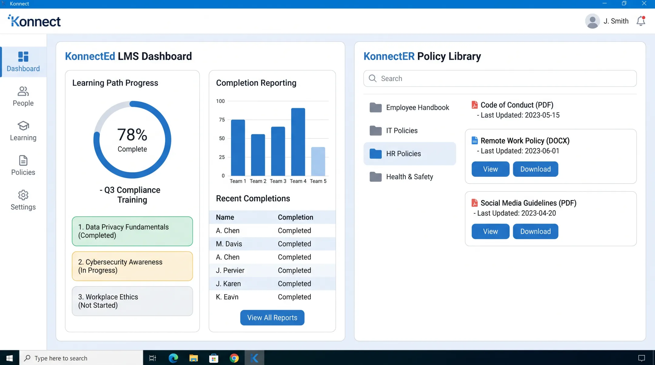Konnect HR platform dashboard showing compliance training and policy management