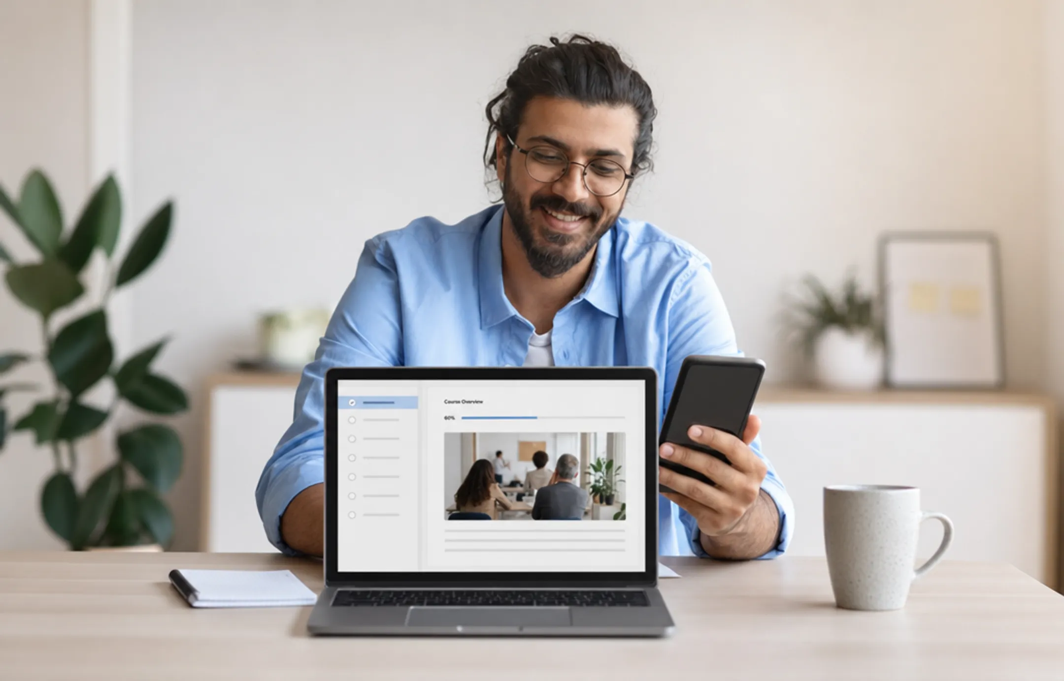 Nonprofit staff completing online training course on laptop and mobile