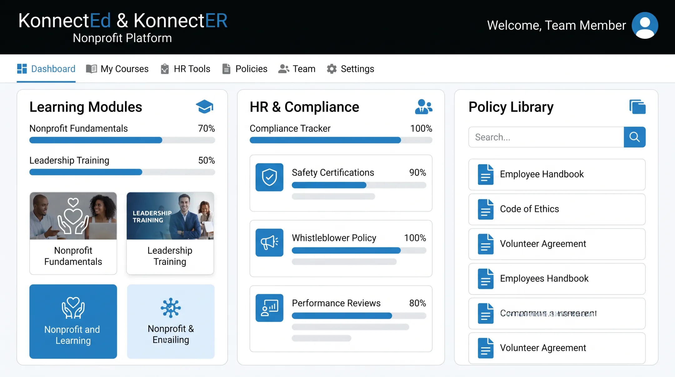 KonnectEd and KonnectER platform dashboard showing training and HR tools