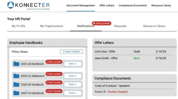KonnectER platform dashboard showing HR compliance document management tools