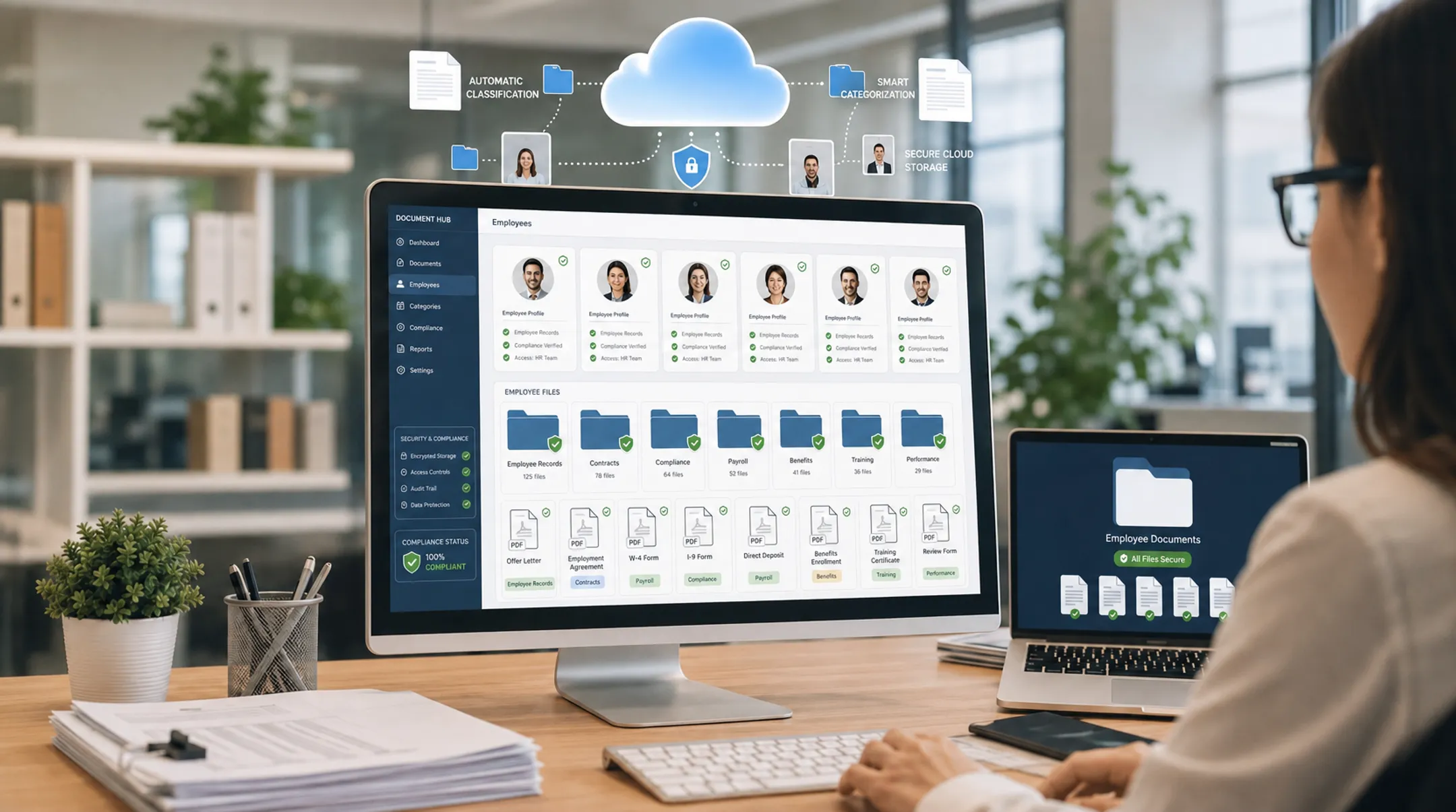 Cloud document management system organizing digital employee HR files