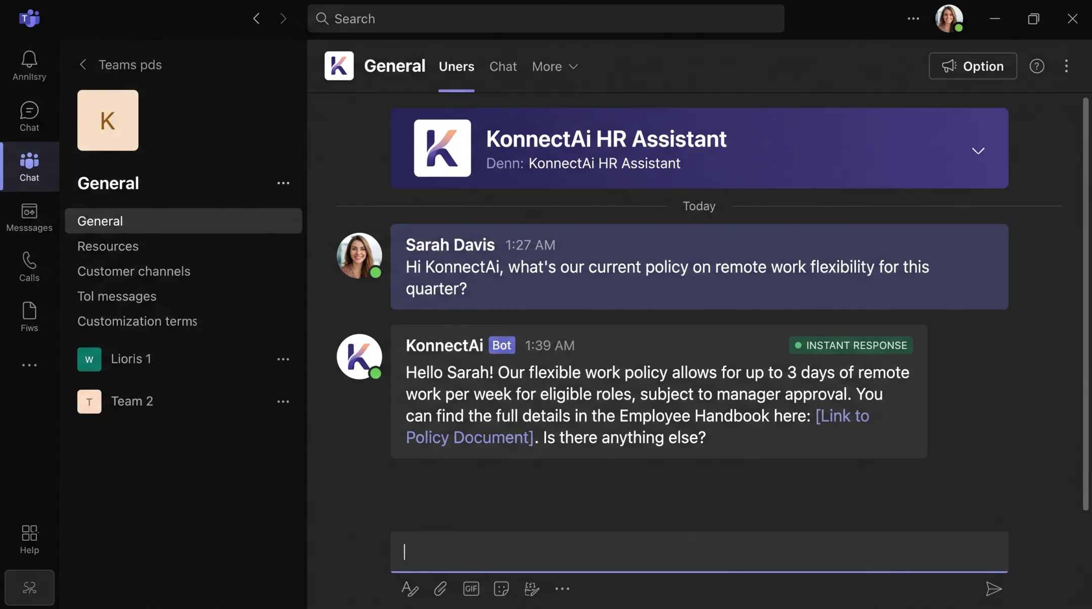 KonnectAi chatbot interface integrated within Microsoft Teams workspace
