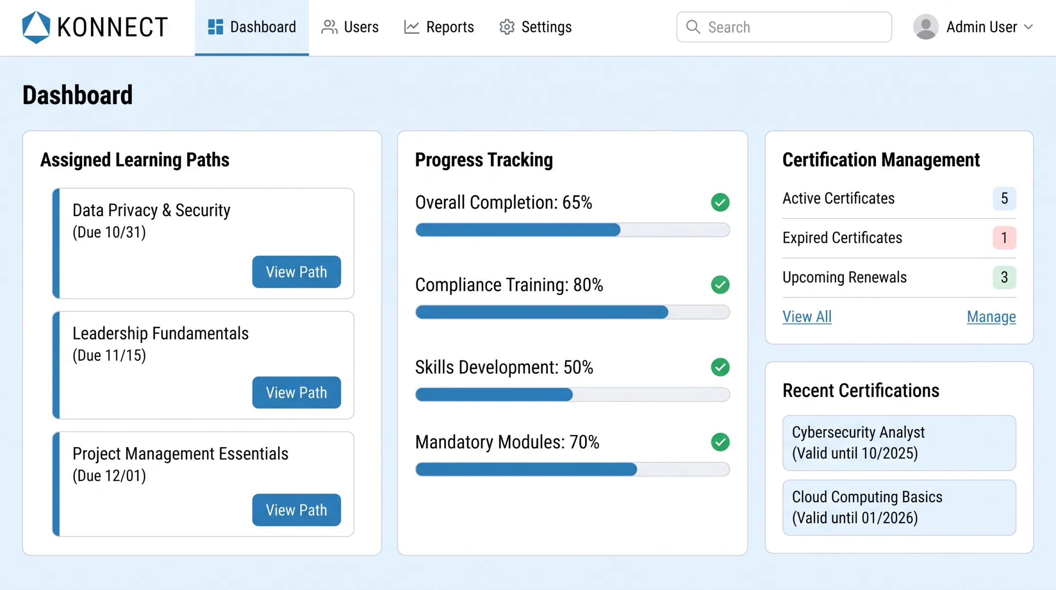 KonnectEd platform dashboard showing training paths and certification tracking
