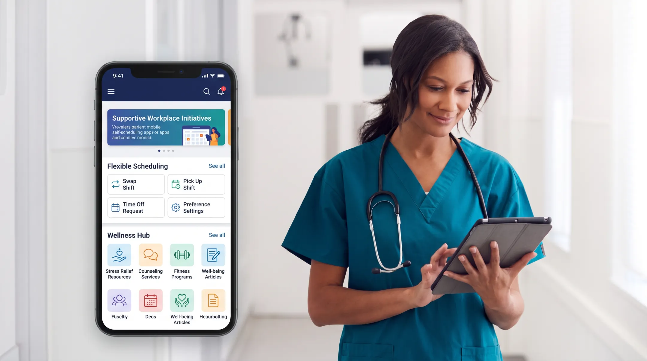 Healthcare employee using self-scheduling app for flexible shift management