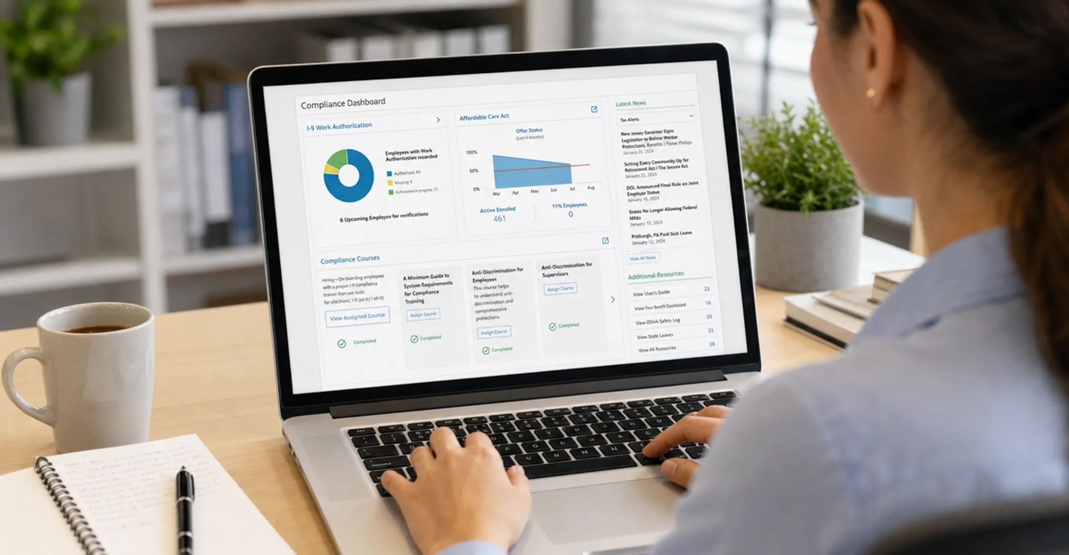 HR professional reviewing automated training compliance dashboard on laptop