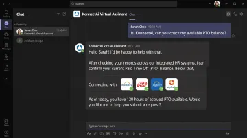 KonnectAi virtual assistant interface integrated within Microsoft Teams chat