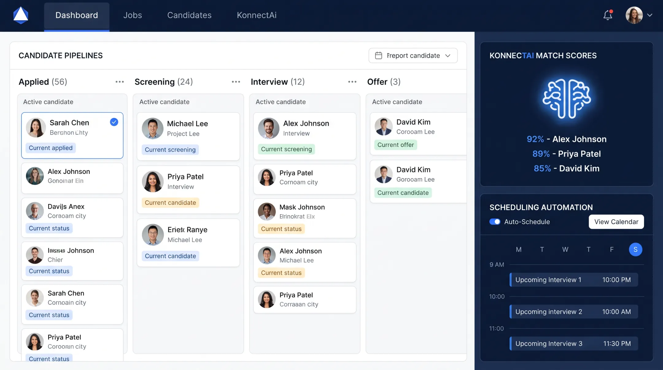 Recruiter dashboard comparing candidate sourcing and screening automation features