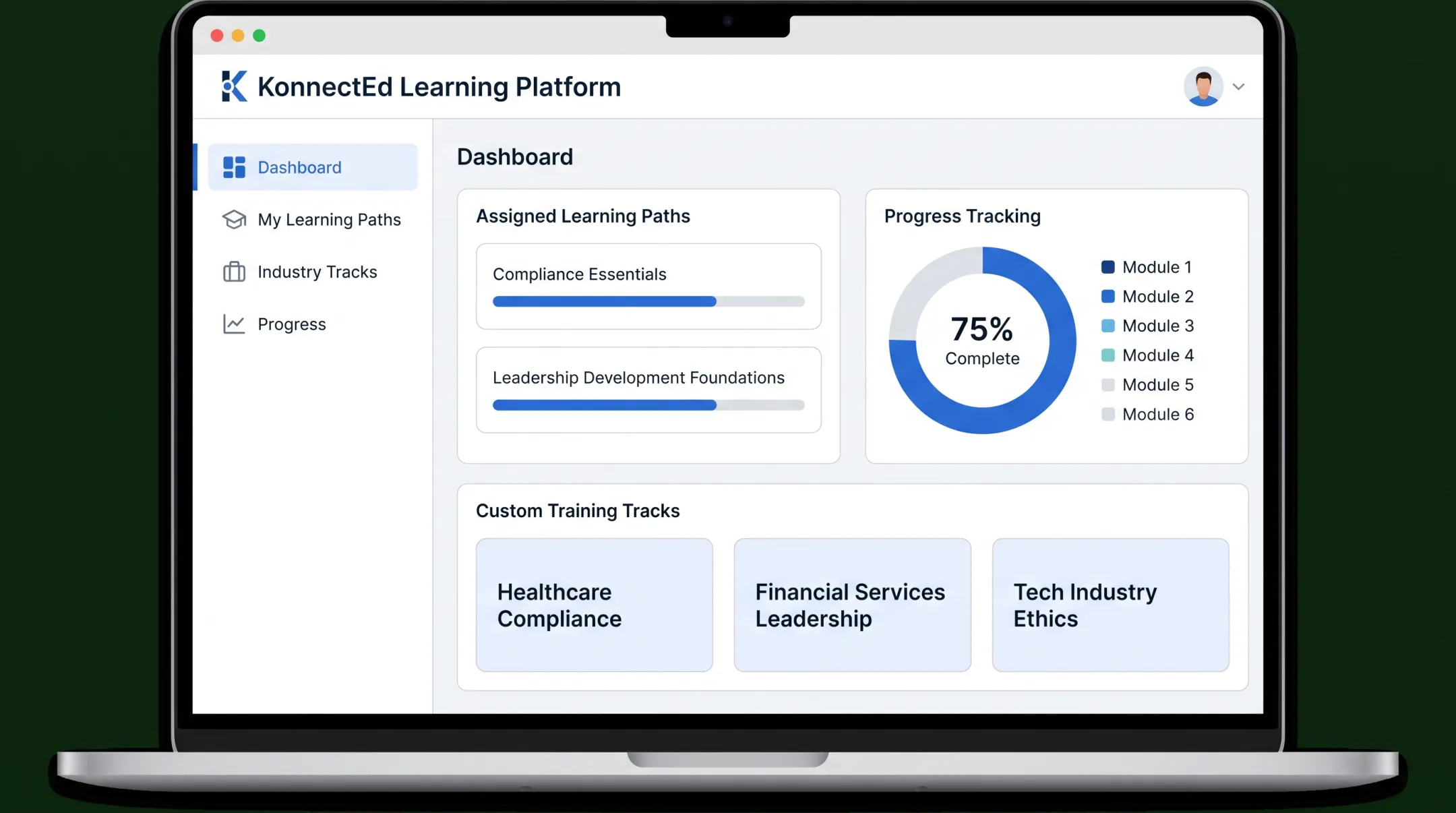 KonnectEd platform dashboard showing compliance and leadership training tracks