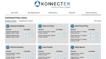 KonnectER platform centralized policy library and handbook management interface
