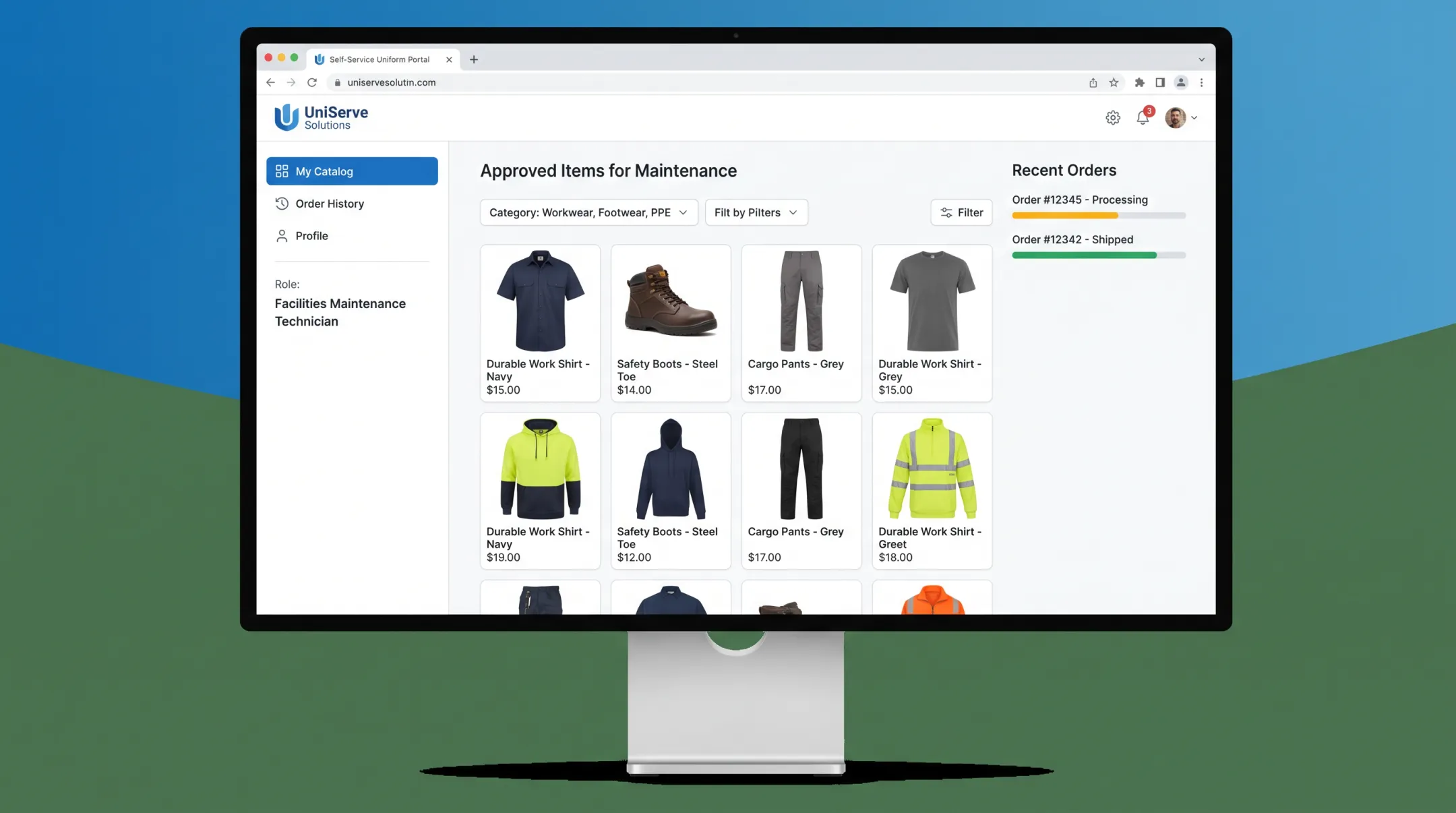 Role-based uniform ordering portal interface showing approved apparel catalog