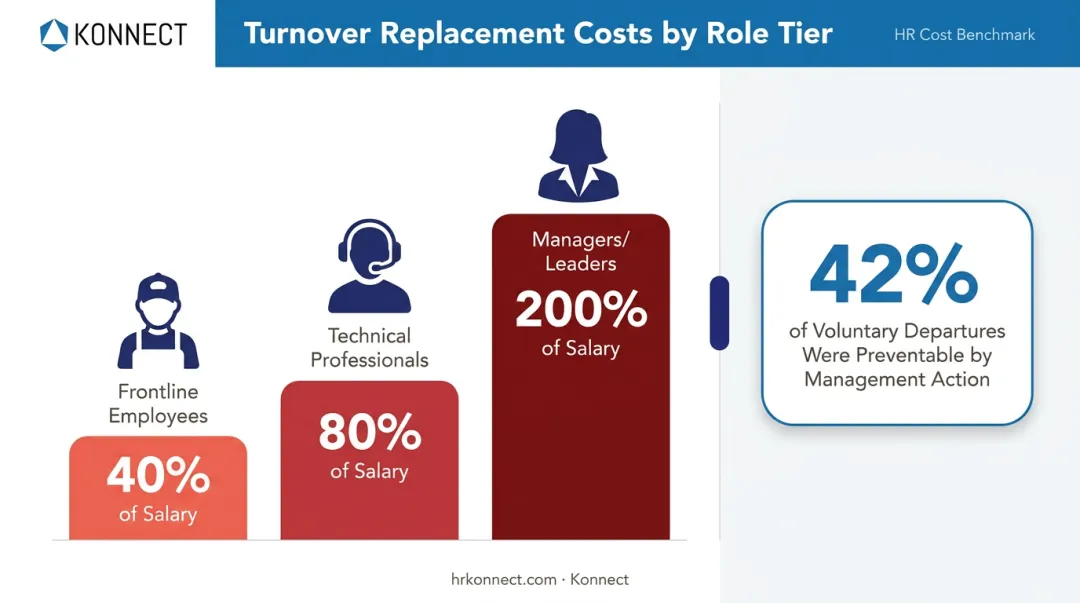Employee turnover replacement cost percentages by role frontline technical manager