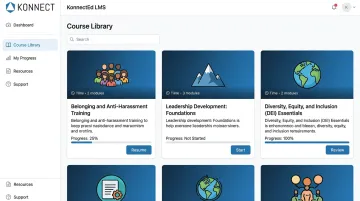 KonnectED LMS platform interface displaying belonging and anti-harassment training courses