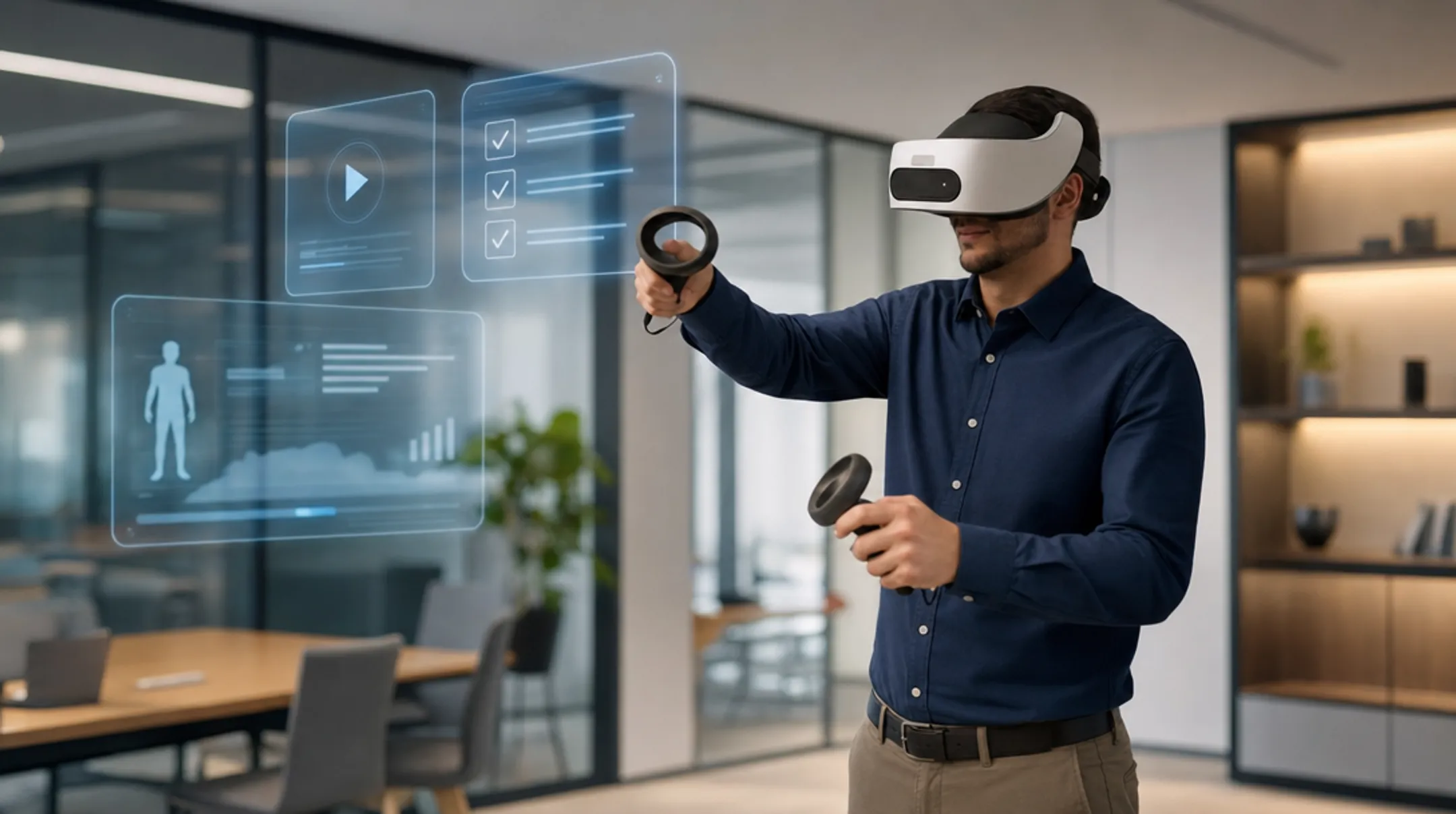 Enterprise employees using VR headset for immersive safety training simulation