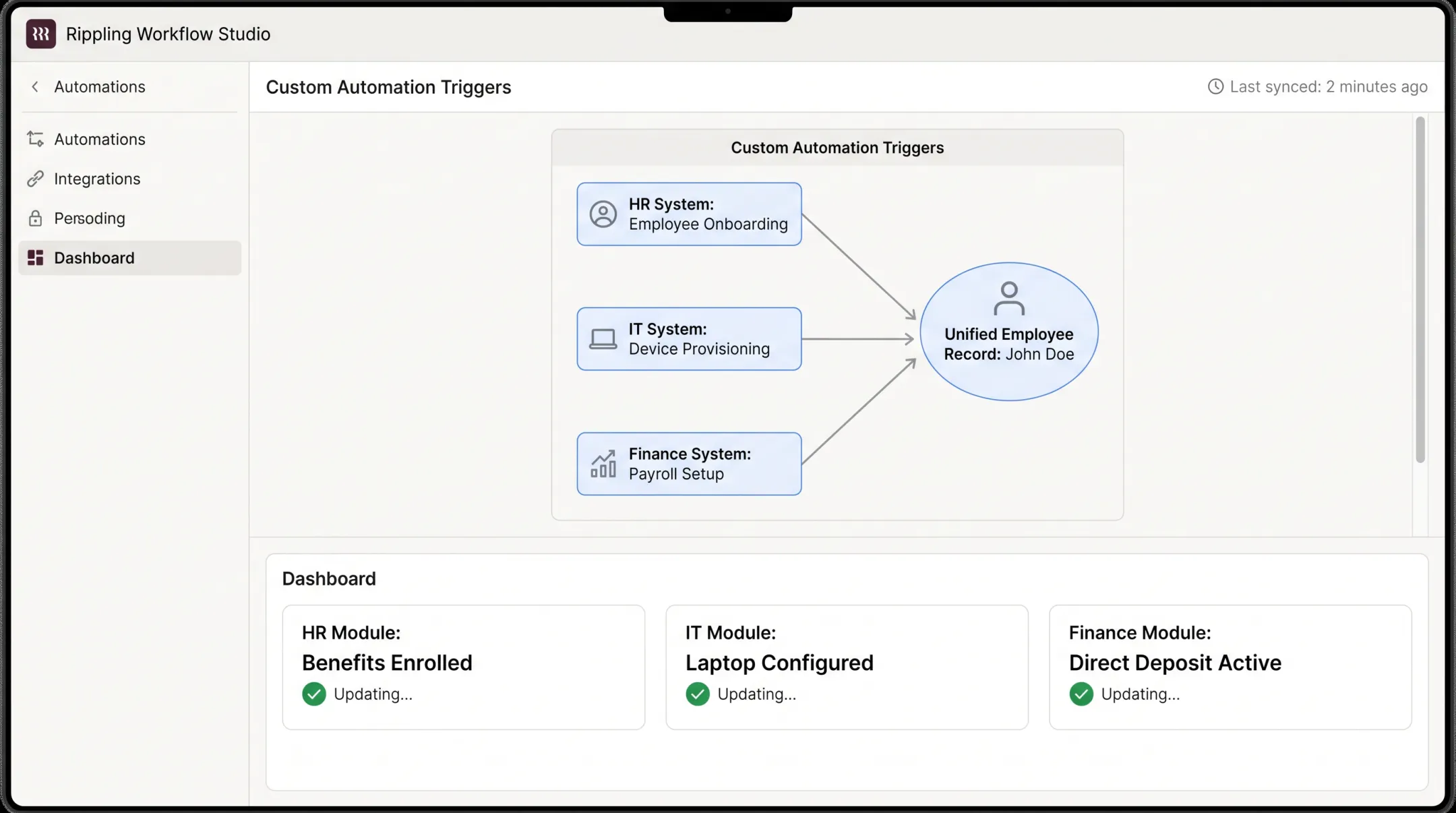 Rippling Workflow Studio dashboard showing unified HR IT payroll automation triggers