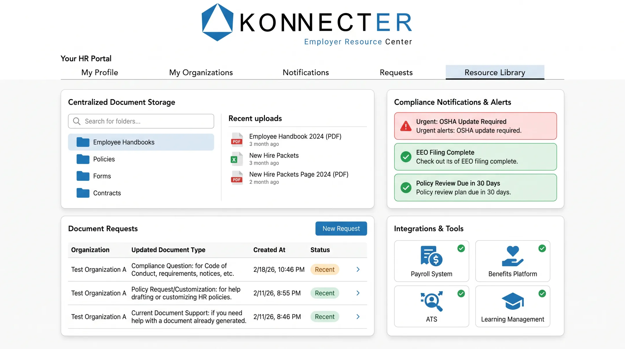 KonnectER HR portal dashboard showing document storage and compliance tools