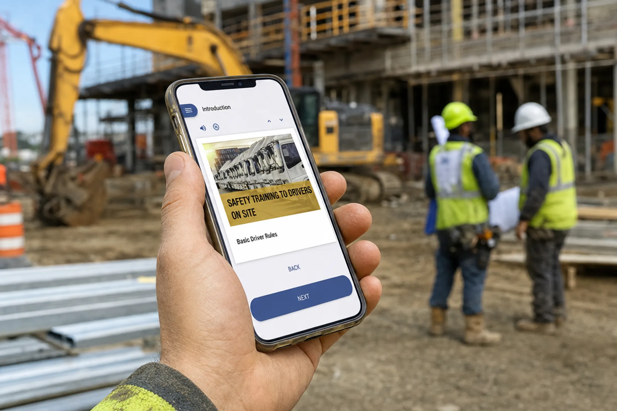 Construction worker using tablet for mobile safety training on jobsite
