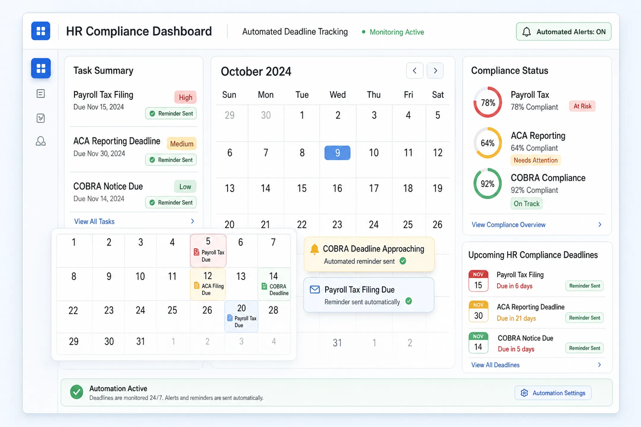 HR compliance software dashboard tracking payroll tax and benefits deadlines