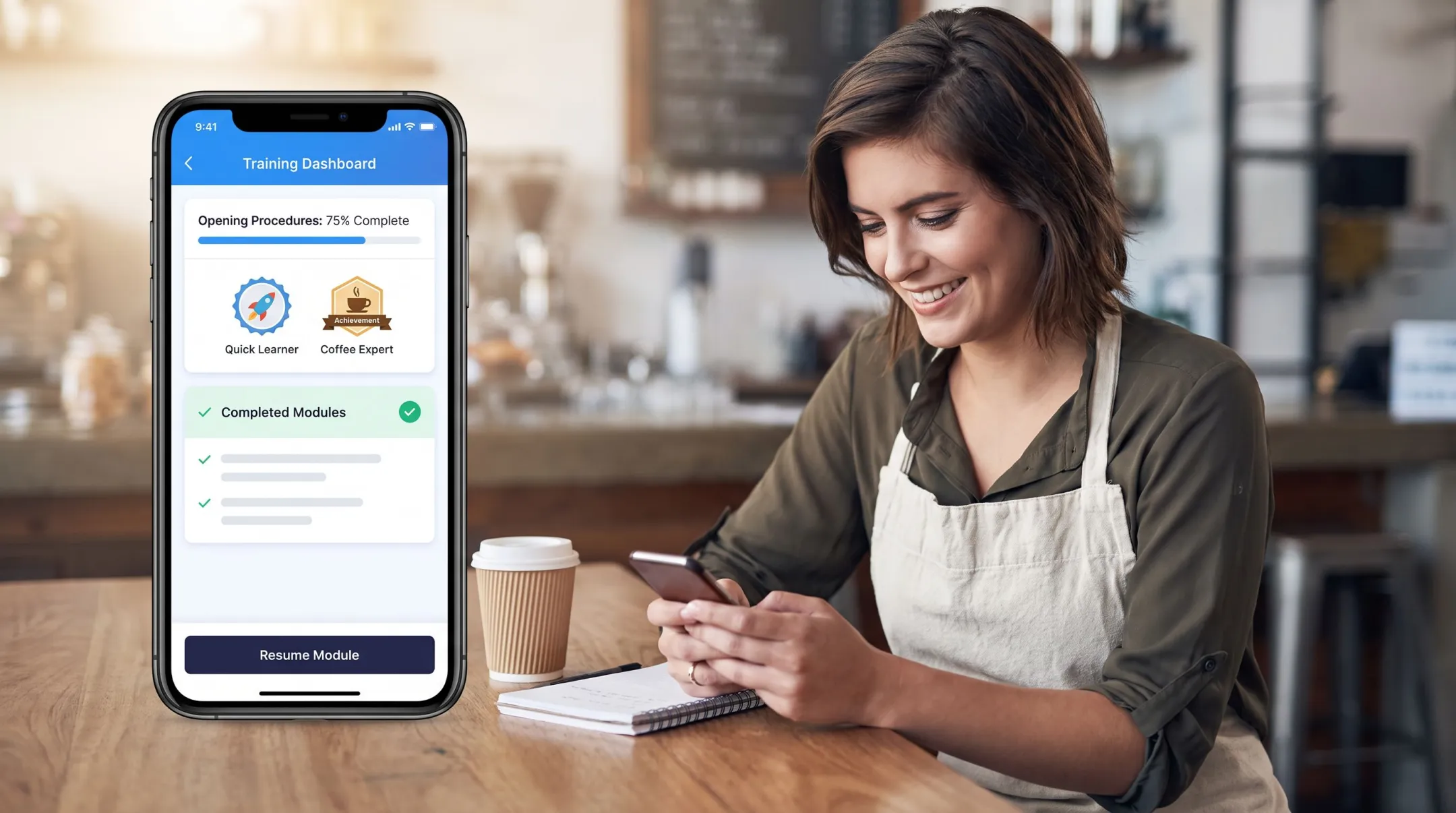 Restaurant staff using mobile LMS training app on smartphone