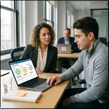 Employees completing compliance training on a laptop