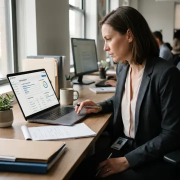 Manager reviewing healthcare training progress dashboard