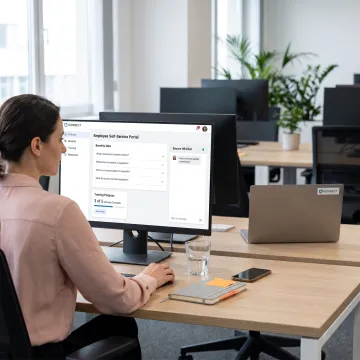 HR professional reviewing employee self-service tools