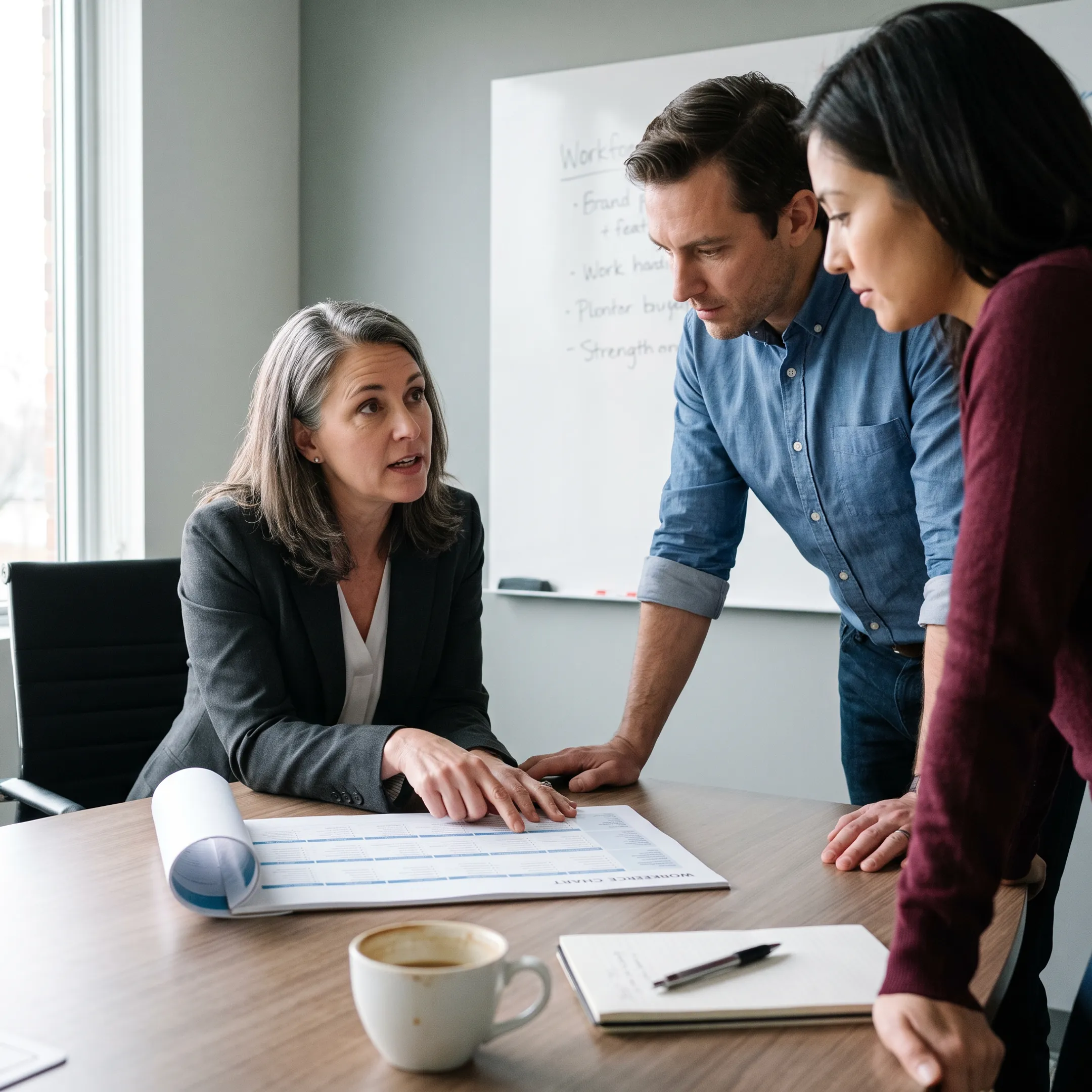 HR consultant discussing workforce strategy with leaders