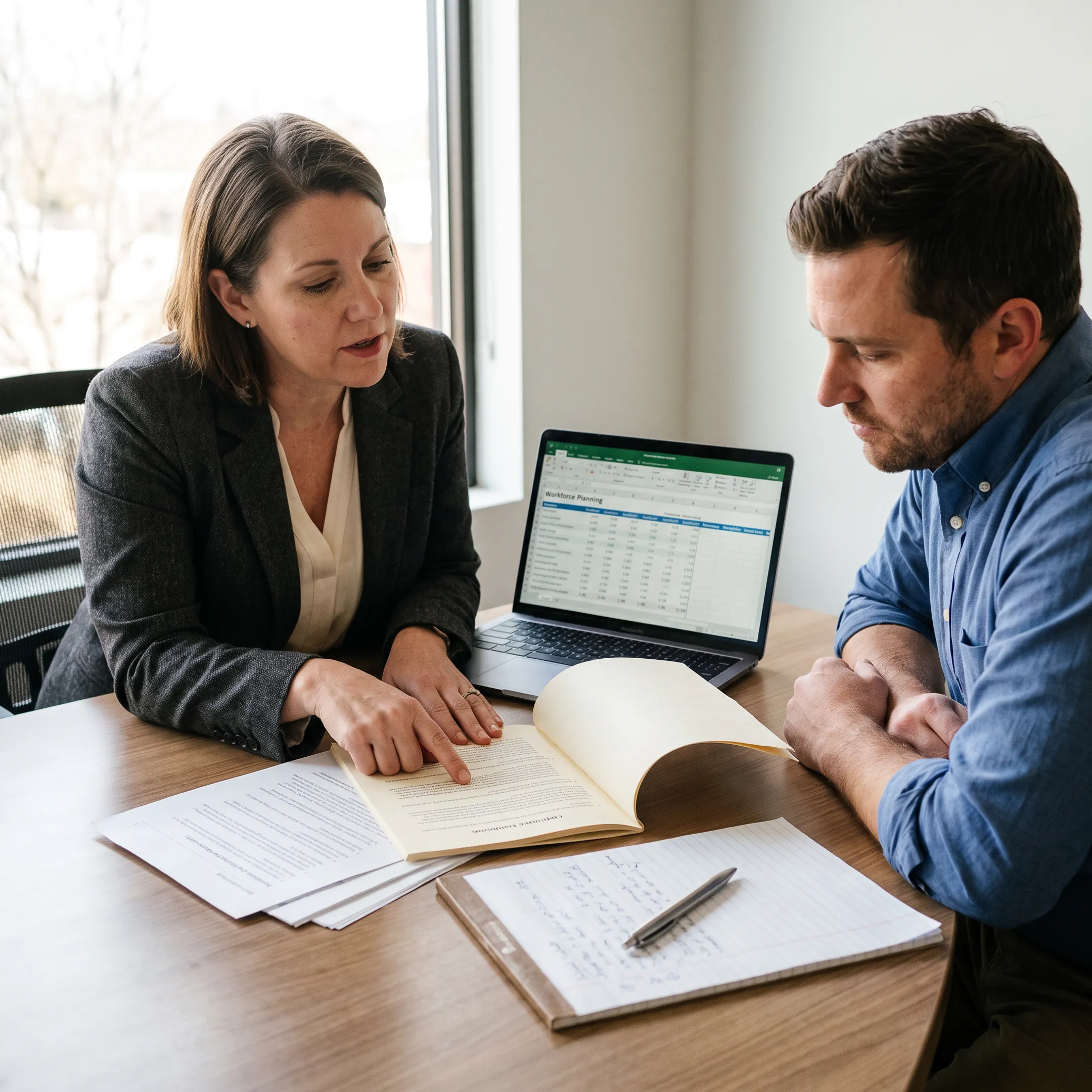HR advisor reviewing workplace policies with business owner